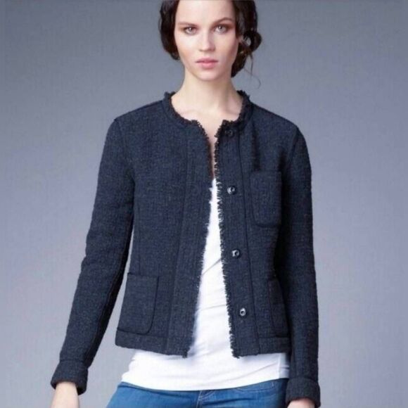 Vince Frayed Hem Wool Blend Boucle Blazer Women's 8 Charcoal Gray Jacket - Picture 1 of 7